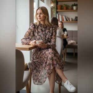 Bohme Black and Pink Floral Long Sleeve Dress
